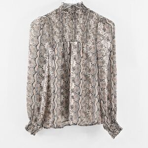 Joie Animal Print Chiffon Top Womens XS Snakeskin Smocked Mock Neck Retro Blouse